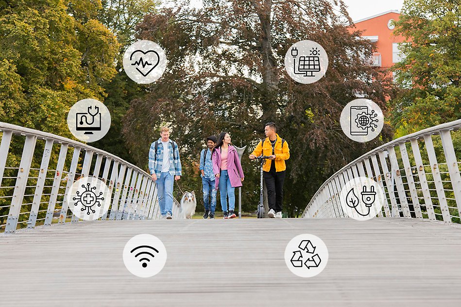 Young people walking on a bridge. Image.