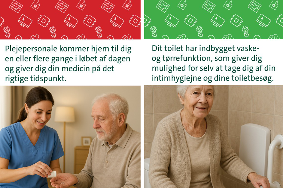 Illustration över en man och en kvinna i hemvårdssammanhang. Bild. 