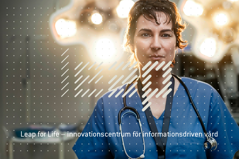 En läkare i sjukhusmiljö tittar in i kameran. Nedanför henne står det: "Leap for Life – innovationscentrum för informationsdriven vård"