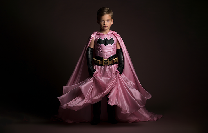 AI-genererad bild på en liten pojke iklädd en rosa prinsessklänning med batman på bröstet. Bild.