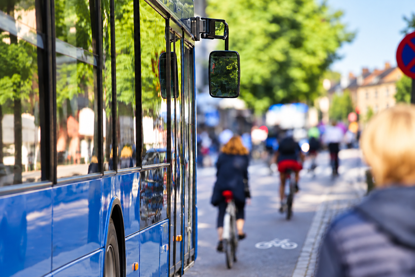 Bild på en bussida samt cyklister i stadsmilj. Bild.